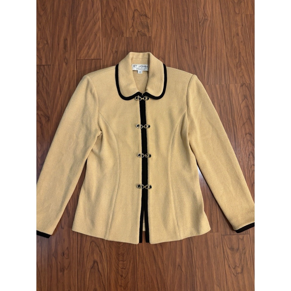 St John Yellow Knit Jacket with Black Trim Womens 2 Zipper Gold Clasps Closure